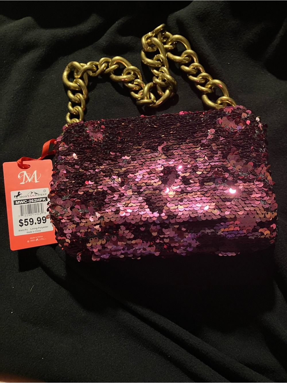 Montana West Sequin Evening Bag Hot Pink Gold Chunky Chain Crossbody NWT Luxury